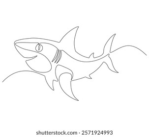 Continuous one line drawing of shark. Single line drawing illustration of shark saltwater. Logo,symbols and design style Concept vector art. Doodle line illustration. 