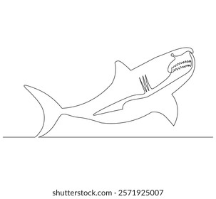 Continuous one line drawing of shark. Single line drawing illustration of shark saltwater. Logo,symbols and design style Concept vector art. Doodle line illustration. 