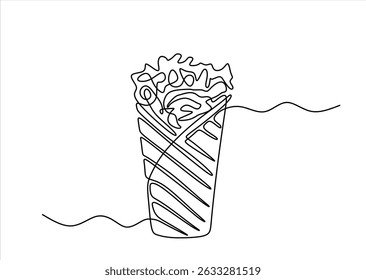 Continuous one line drawing of shawarma. Kebab with meat and vegetables. Fast food cafe and restaurant concept. Simple vector illustration. Editable stroke.	