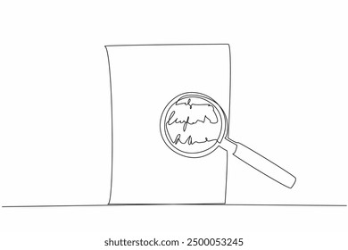 Continuous one line drawing a sheet of paper highlighted by a magnifying glass. Spelling check of text. Correct inaccurate writing. National Grammar Day. Single line draw design vector illustration