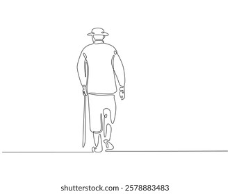 Continuous one line drawing of shepherd. One line drawing illustration of male farmer. Herdsman, farmer, ranchman concept single line. Editable outline