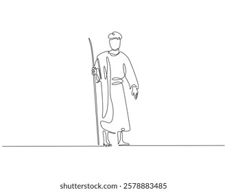 Continuous one line drawing of shepherd. One line drawing illustration of male farmer. Herdsman, farmer, ranchman concept single line. Editable outline