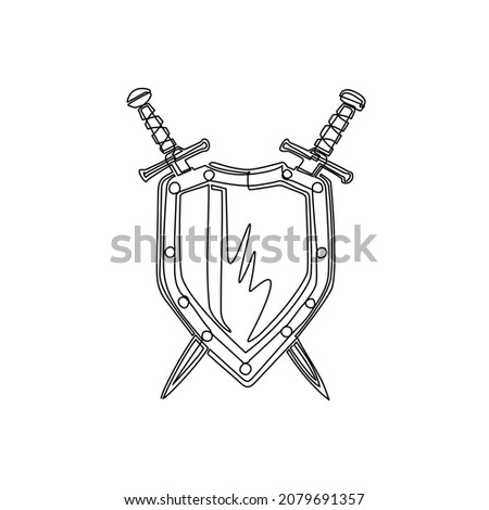 Continuous one line drawing shield and crossed swords icon, flat design swords and shield vector icon, sword icon conception with shield icon, blade and shield. Single line draw vector illustration 
