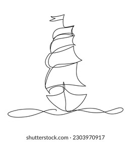 Continuous one line drawing of a ship. Simple vector illustration