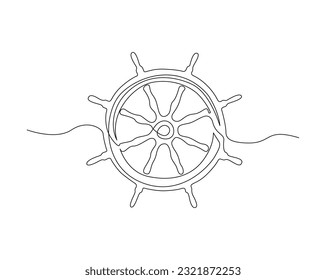 Continuous one line drawing of ship wheel marine. Ship wheel line art vector illustration. Nautical and maritime element. Editable stroke.	