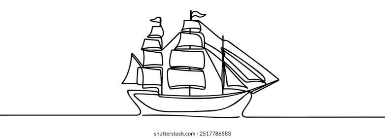 Continuous one line drawing of a ship. Vector illustration