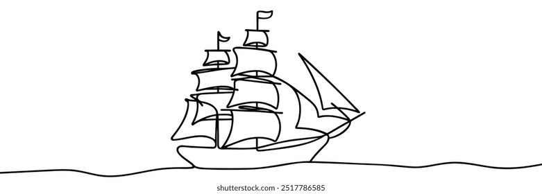 Continuous one line drawing of a ship. Vector illustration