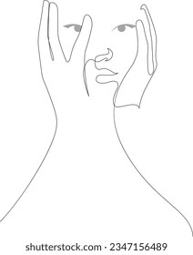 Continuous one line drawing of shocked young woman covering her face with hands. Vector illustration.