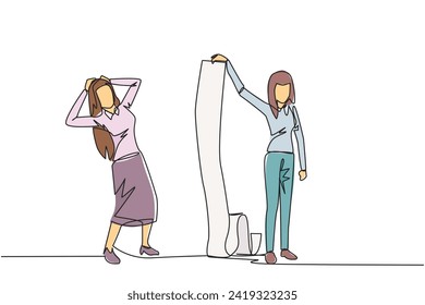 Continuous one line drawing of shocked businesswoman is shown the bill by his business partner. Many bills have entered the deadline to be paid right now. Single line draw design vector illustration svg