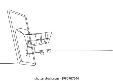 Continuous one line drawing shopping cart out of smartphone. Sale, digital lifestyle, and consumerism concept. E-commerce and digital marketing. Single line draw design vector graphic illustration