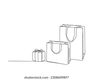 Continuous one line drawing of Shopping bag. Paper bags line art vector illustration.  Editable stroke.