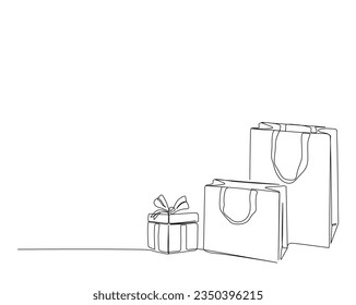 Continuous one line drawing of Shopping bags. Paper bags and present box  line art vector illustration.  Editable stroke.
