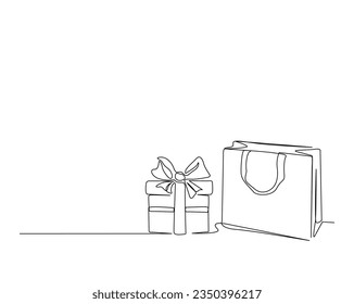 Dibujo continuo de una línea de la bolsa de compras. Bolsa de papel y ilustración vectorial de la línea de caja actual.  Trazo editable.