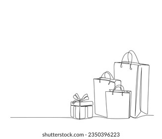 Continuous one line drawing of Shopping bag and present box. Paper bags line art vector illustration.  Editable stroke.