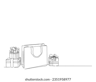 Continuous one line drawing of Shopping bag. Paper bag and present box  line art vector illustration.  Editable stroke.