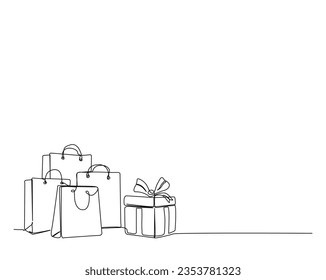 Continuous one line drawing of Shopping bag and present box. Paper bags with gift box line art vector illustration.  Editable stroke.