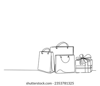 Continuous one line drawing of Shopping bag and present box. Paper bags with gift box line art vector illustration.  Editable stroke.