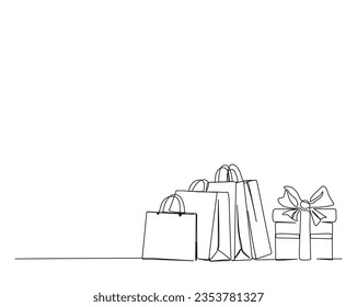 Dibujo continuo de una línea de la bolsa de compras y la caja actual. Bolsas de papel con ilustración vectorial de línea de caja de regalo.  Trazo editable.