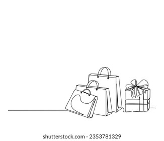 Continuous one line drawing of Shopping bag and present box. Paper bags with gift box line art vector illustration.  Editable stroke.