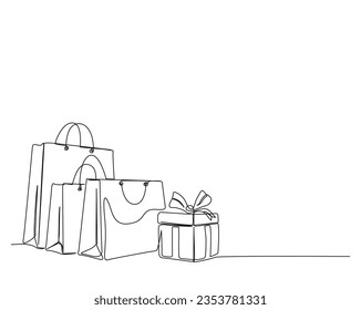 Dibujo continuo de una línea de la bolsa de compras y la caja actual. Bolsas de papel con ilustración vectorial de línea de caja de regalo.  Trazo editable.