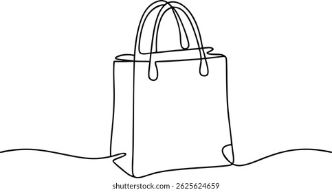 Desenho contínuo de uma linha de um saco de compras em estilo linear minimalista, esboço preto simples de pacote de papel no fundo branco

