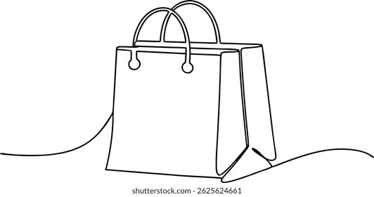 Desenho contínuo de uma linha de um saco de compras em estilo linear minimalista, esboço preto simples de pacote de papel no fundo branco

