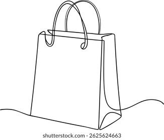 Desenho contínuo de uma linha de um saco de compras em estilo linear minimalista, esboço preto simples de pacote de papel no fundo branco

