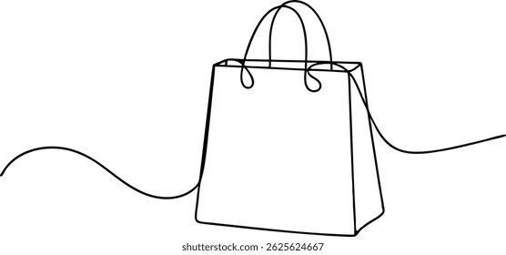 Desenho contínuo de uma linha de um saco de compras em estilo linear minimalista, esboço preto simples de pacote de papel no fundo branco

