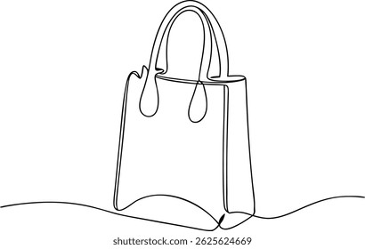 Desenho contínuo de uma linha de um saco de compras em estilo linear minimalista, esboço preto simples de pacote de papel no fundo branco

