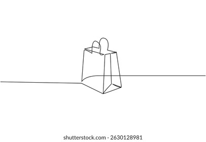 Continuous one line drawing of shopping bag. One line drawing illustration of paper bag,  Paper package black linear sketch isolated on white background.