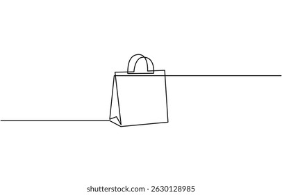 Continuous one line drawing of shopping bag. One line drawing illustration of paper bag,  Paper package black linear sketch isolated on white background.
