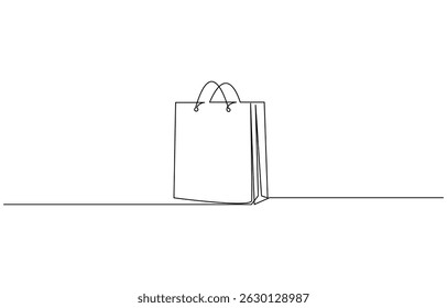 Continuous one line drawing of shopping bag. One line drawing illustration of paper bag,  Paper package black linear sketch isolated on white background.