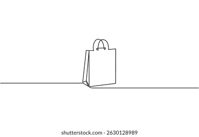 Continuous one line drawing of shopping bag. One line drawing illustration of paper bag,  Paper package black linear sketch isolated on white background.