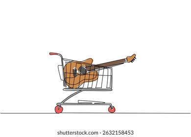 Continuous one line drawing shopping trolley containing acoustic guitar. Multi genre musical instruments. Equipment. Rhythm. Buy A Musical Instrument Day. Single line draw design vector illustration