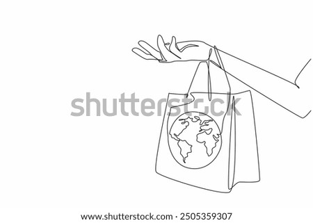 Continuous one line drawing a shopping bag with globe image on it. A bag that does not harm the environment. Not made of plastic. World Consumer Rights Day. Single line draw design vector illustration