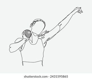 Continuous one line drawing of shot put thrower, female athlete. Editable stroke. Isolated on white background.