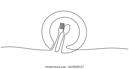 Desenho contínuo de uma linha mostrando um garfo e uma colher descansando sobre uma placa vazia, indicando jantar. Desenhado à mão com ilustração vetorial.