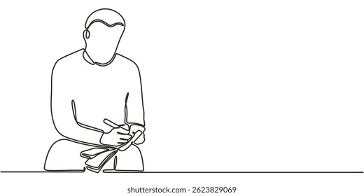 Continuous one line drawing showing a man concentrating as he writes notes in a book or journal. Vector illustration hand drawn.