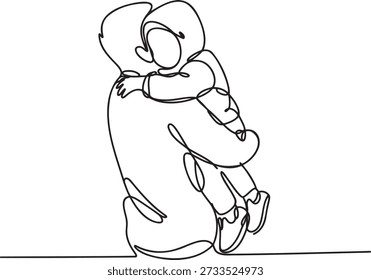 Dibujo continuo de una línea que muestra al padre sosteniendo a su hijo afectuosamente. Esta ilustración minimalista captura momentos de amor y ternura. Arte simple y elegante que representa la crianza, la infancia y el vínculo paterno. Perfecto para temas de familia, cuidado y afecto.
