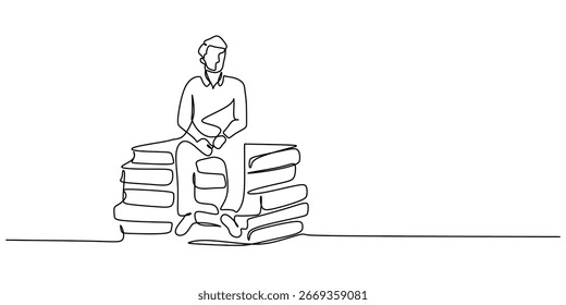 Continuous one line drawing shows a person sitting on a big pile of books, a symbol of education and learning. Metaphor for literature and knowledge. Vector illustration with copy space.