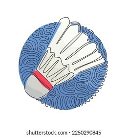 Continuous one line drawing shuttlecock badminton. Sports equipment, competitions, hobbies. Swirl curl circle background style. Healthy lifestyle. Single line draw design vector graphic illustration