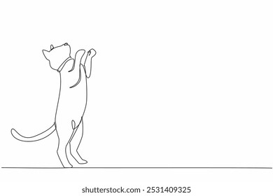 Continuous one line drawing siamese cat posing. Movement invites to play. Cats full of joy. Cheerful. Performing like in a circus. National Siamese Cat Day. Single line draw design vector illustration