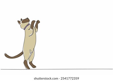 Continuous one line drawing siamese cat posing. Movement invites to play. Cats full of joy. Cheerful. Performing like in a circus. National Siamese Cat Day. Single line draw design vector illustration