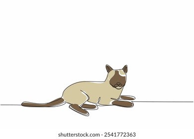 Continuous one line drawing the siamese cat posing casually. Relax time. Lazy to move. Rest after eating a lot. Routine habits. National Siamese Cat Day. Single line draw design vector illustration