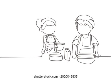 Continuous one line drawing siblings boy and girl baking together with rolling pin at kitchen counter. Happy kids making homemade bakery at home. Single line draw design vector graphic illustration