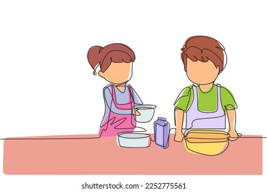 Continuous one line drawing siblings boy and girl baking together with rolling pin at kitchen counter. Happy kids making homemade bakery at home. Single line draw design vector graphic illustration