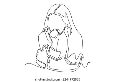 Continuous one line drawing Sick little girl with cough. Healthcare concept. Single line draw design vector graphic illustration.