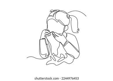 Continuous one line drawing Sick little girl use tissue to sneeze. Healthcare concept. Single line draw design vector graphic illustration.