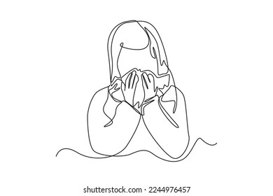 Continuous one line drawing Sick little girl use tissue to sneeze. Healthcare concept. Single line draw design vector graphic illustration.