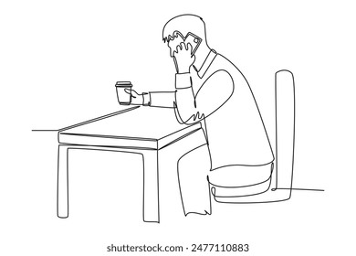 El empleado de vista lateral de dibujo continuo de una línea recibe una llamada de su gerente y pide explicaciones sobre las ventas caídas. Concepto de problema de disminución de ventas. Ilustración gráfica de Vector de diseño de línea simple